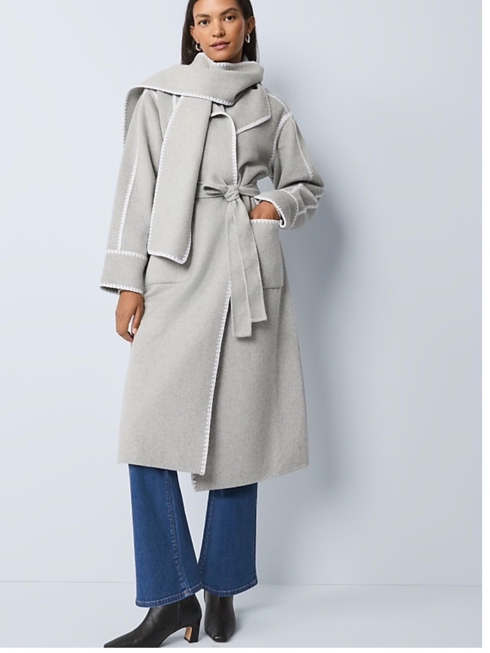 Ann Taylor Light Heather Gray Wool-Blend Belted Trench Coat with Scarf size L
